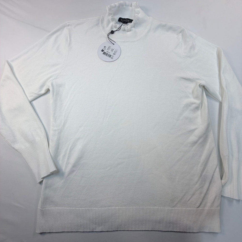 SUNDAY Womens Frill Neck Sweater Medium Off White Ruffle Mock Neck Stretch NWT